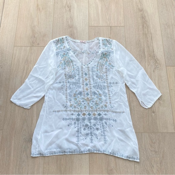 Johnny Was White Sheer Embroidered Tunic Top Size Small - Picture 1 of 4